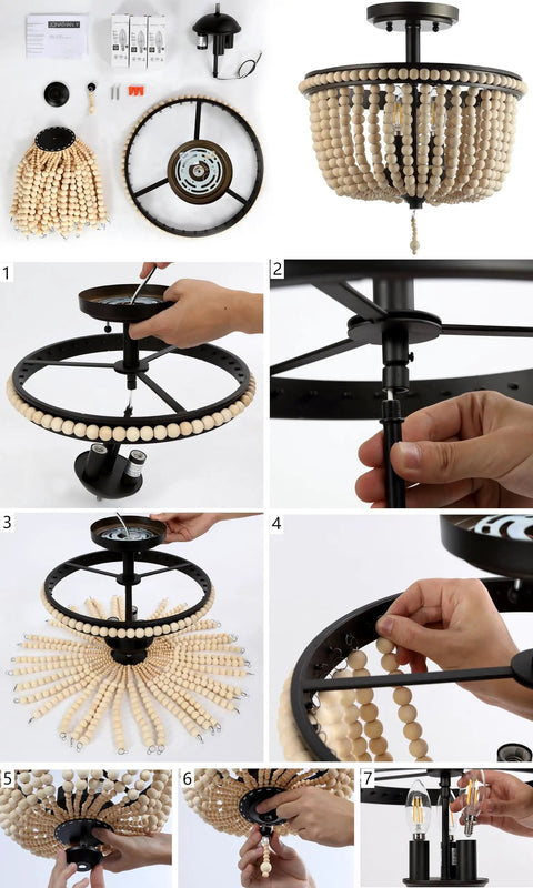 Assembly steps for 14 Inch Antique Gold And Light Taupe Wood Beaded LED Semi Flush Mount Ceiling Light With Cream Wood Bead Shade