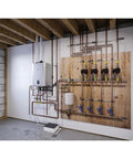 Built Like A Tank 150K BTU Condensing Natural Gas Combo Boiler And Tankless Water Heater installed with copper pipes in basement.
