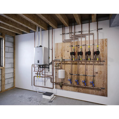 Built Like A Tank 150K BTU Condensing Natural Gas Combo Boiler And Tankless Water Heater installed with copper pipes in basement.