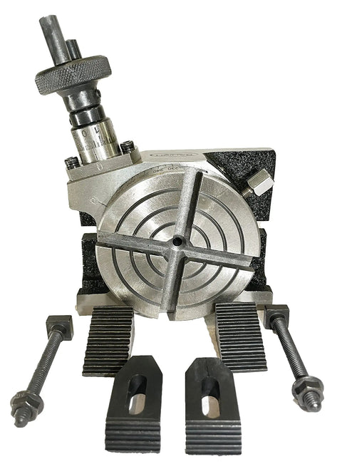 Three Inch Rotary Table With Four Slots Horizontal And Vertical M6 Clamp Kit For Milling And Engineering Tools 80 Mm Diameter 360 Degree Graduation Worm Gear One To Thirty Six Low Profile High Precision, front view showing clamps.