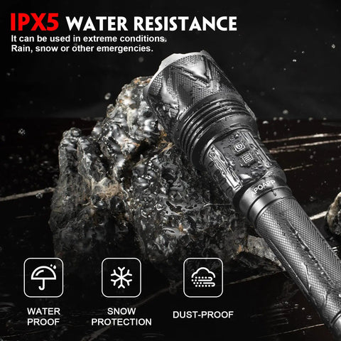 Beast Bright 8000 Lumen LED Flashlight with Zoomable Focus showing IPX5 waterproof feature on wet rocks