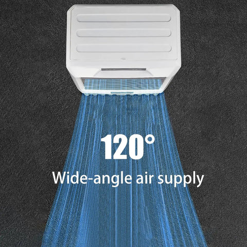 Portable Evaporative Air Cooler With Built In Timer And Freezable Ice Packs, 3 Speed Windowless Air Conditioner For Homes And Offices That Slays The Summer Heat Without A Doubt, showing 120° wide-angle air supply.