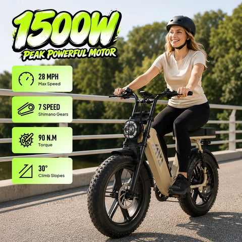 Adult riding All Terrain Fat Tire Electric Bike For Adults With 1500W Peak Motor 48V 15Ah Removable Battery on bridge