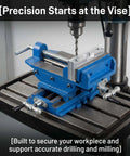 Solid Heavy Duty Bench Vise With Precision Cross Slide And X Y Axis Travel, 6 Inch Jaw Capacity For Drill Press Milling And Metalworking Projects Around The Shop Or Garage mounted on drill press with aluminum workpiece.