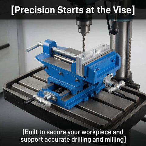 Solid Heavy Duty Bench Vise With Precision Cross Slide And X Y Axis Travel, 6 Inch Jaw Capacity For Drill Press Milling And Metalworking Projects Around The Shop Or Garage mounted on drill press with aluminum workpiece.
