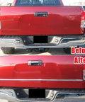 Red pickup rear with chrome bumper molding trim; 16ft universal automotive decorative strip, before/after install.