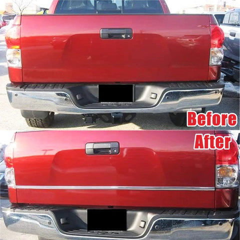 Red pickup rear with chrome bumper molding trim; 16ft universal automotive decorative strip, before/after install.