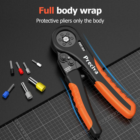 Ferrule Crimping Tool Kit With Hexagonal Ratchet Pliers For AWG 28-7 Orange Handheld Crimping Set on black surface with ferrules