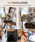 Comparison showing squirrel at 4x and 16x zoom, highlighting 4K Digital Camera With 48MP Auto Focus, 16x Zoom, and photo filters.
