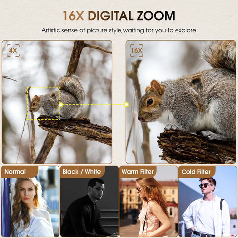 Comparison showing squirrel at 4x and 16x zoom, highlighting 4K Digital Camera With 48MP Auto Focus, 16x Zoom, and photo filters.