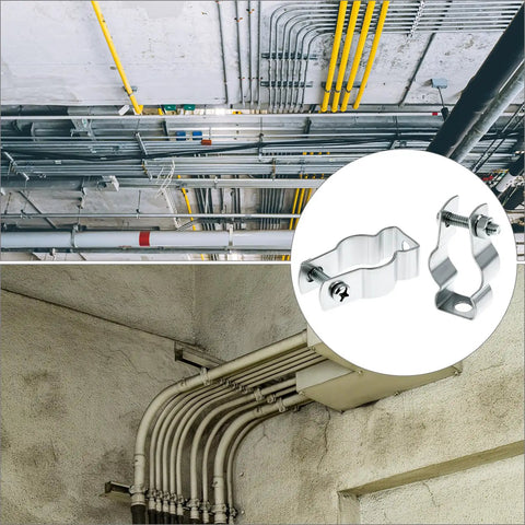 Rock Solid 3/4 Inch EMT Conduit Hangers 20 Pack With Bolts Zinc Plated Insulated Pipe Clamps for organizing electrical tubes on site.