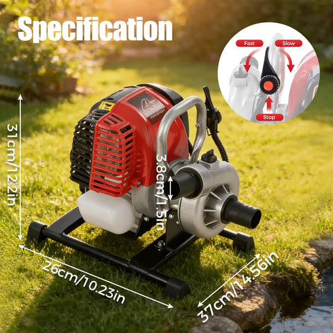 High Flow Gas Water Pump For Garden And Farm 1.6HP 4 Stroke Trash Pump showing size specifications on grass