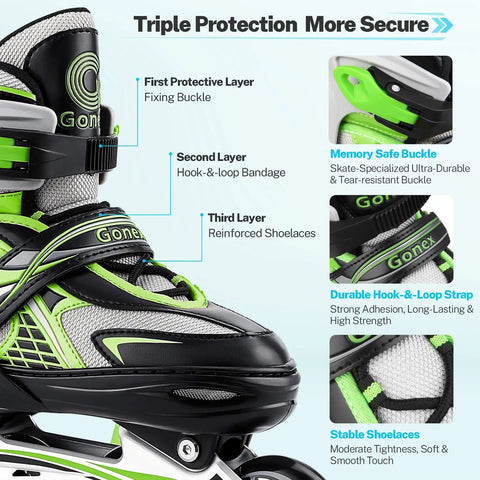 Adjustable Inline Skates For Kids And Teens With Light Up Wheels, 3 Sizes S M L, featuring triple protection and secure buckles