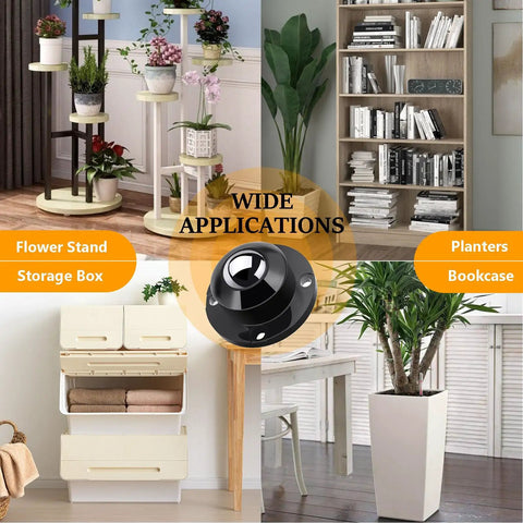 24 Pack Self Adhesive Caster Wheels One Inch Low Profile Swivel Glides With Smooth Ride Steel Cores No Fuss Heavy Duty Furniture Rollers for use under flower stands and storage boxes.