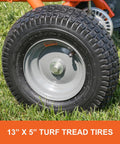 Close-up of 13x5 inch turf tread tire on Tow Behind Lawn And Garden Broadcast Spreader With 185 Lb Capacity, 12 Ft Spread.