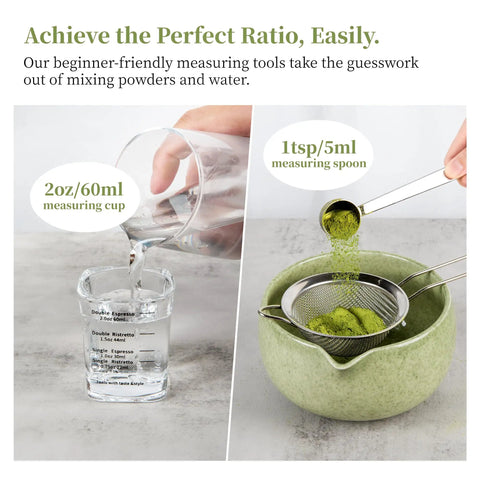 Matcha Whisk Set With Ceramic Bowl And All The Goods, Includes Bamboo Chasen, Holder Stand, Powder Sifter, Scoop, Measuring Spoon And Cup For Ceremonial Grade Tea, Mottled Green