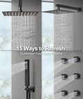 GRANDJOY Dual 12" Shower System with Handheld Spray, Matte Black featuring rainfall heads and body jets in action.