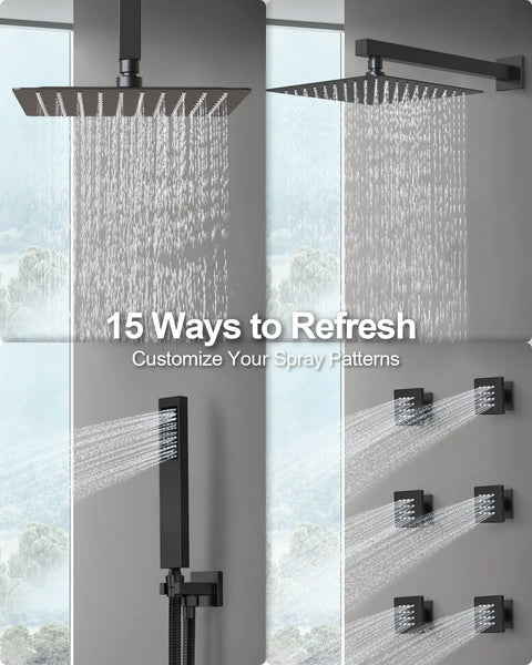 GRANDJOY Dual 12" Shower System with Handheld Spray, Matte Black featuring rainfall heads and body jets in action.