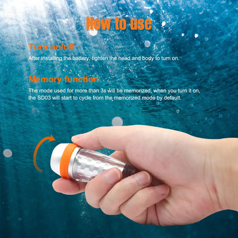 Hand holding 4 Color Dive Signal Light With 8 Modes For Scuba Beacons 360 Degree Illumination in water highlighting use instructions