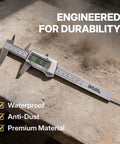 BLACK CANYON 12" Digital Caliper on a work surface, showcasing dust resistance and digital display features.