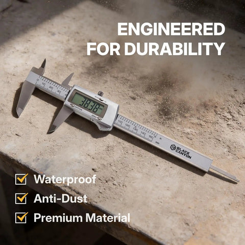 BLACK CANYON 12" Digital Caliper on a work surface, showcasing dust resistance and digital display features.