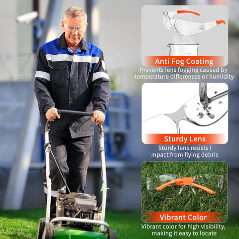 Heavy Duty Wraparound Safety Glasses Featuring Anti Fog Lens And Ansi Z87.1 Certification worn by a man mowing grass outdoors.