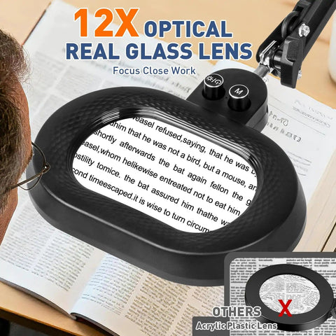 12x Large Floor Magnifying Glass With Light And Stand for Up Close Work, showing real glass lens magnifying a book page.