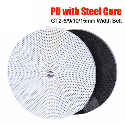 Straight Up Heavy Duty GT2 Timing Belt With Reinforced Steel Core Polyurethane in white and black, 6-15mm widths for 3D printers.