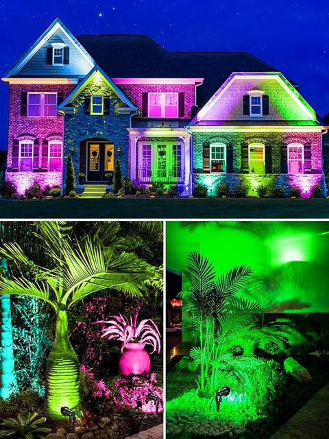 12W Color Changing RGB Landscape Lights With Remote Control illuminating a house, garden pathway, and palm trees at night