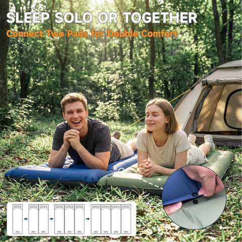 Two campers on Ultralight Camping Sleeping Pad with Built In Pillow And Foot Pump 5 Inch Thick Inflatable Mat linked together