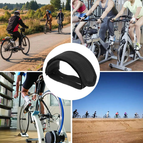 Collage featuring One Pair Velcro Bike Straps For Pedals, Nylon Foot Binding Straps for cycling and exercise on various bikes.