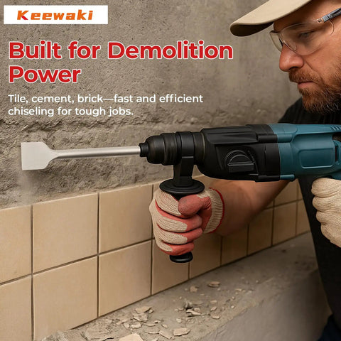 Person using SDS Plus Masonry Chisel Set 4-Piece Pro Grade Heavy Duty Chisel Bits for Hammer Drill to remove tile from wall