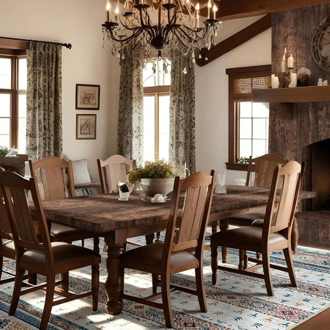 Rustic dining room with wooden furniture matching Dark Walnut Wood Peel And Stick Wallpaper Roll For Walls And Surfaces 17.7 By 78.7 Inches.