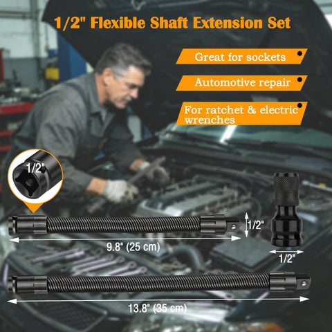 Built Like A Tank 1/2 Inch Drive Flexible Socket Extension Bar Set, 9.8" and 13.8" lengths for engine access.