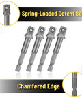Five 10-Piece Heavy Duty Impact Socket Adapter Set For Drills Three Eighths Inch Square Tip To One Quarter Inch Hex Shank