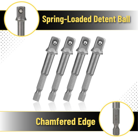 Five 10-Piece Heavy Duty Impact Socket Adapter Set For Drills Three Eighths Inch Square Tip To One Quarter Inch Hex Shank