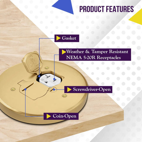 Five Point Six Two Five Inch Dual Flip Lid Floor Box Cover For 1 Gang 20A Tamper-Resistant Type A Duplex Outlet Brass