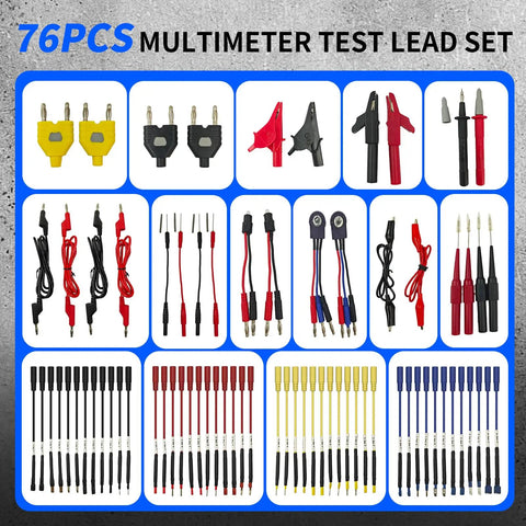 Pro Grade 76 Piece Automotive Test Lead Kit For Multimeters And Electrical Troubleshooting With Back Probe Clips, Alligator Clips, Banana Plug Adapters, Puncture Probes, Acicular Probes, And Carry Case displayed with multiple connectors and probes.