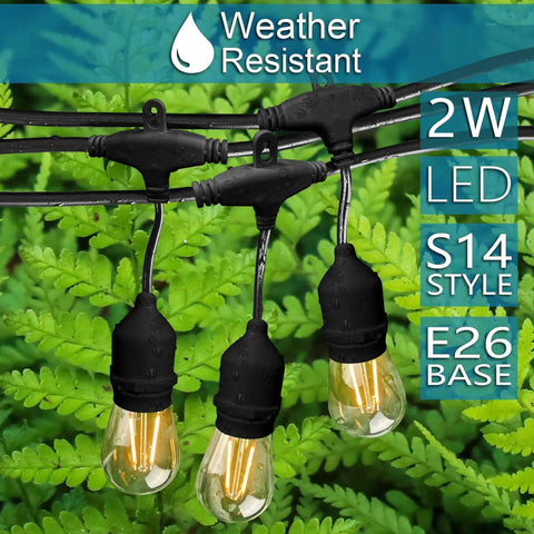 Outdoor String Lights 48 Ft Waterproof Patio Lighting With 2W Dimmable LED Bulbs For Backyard Garden Deck Porch Gazebo Balcony Camping And Parties, Create Warm Soft Vibe For Any Outdoor Night hanging among green leaves