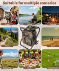 Foldable Camping Chair Backpack With Built In Cooler Insulated Picnic Bag For Outdoors Sports Hunting Fishing Travel Camouflage All In One Portable Seat Heavy Duty Build With 330 Pound Weight Capacity And Lightweight Three And A Half Pound Frame shown in multiple outdoor scenarios