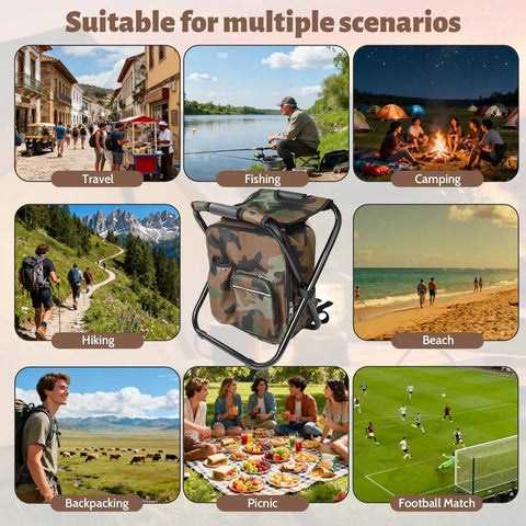 Foldable Camping Chair Backpack With Built In Cooler Insulated Picnic Bag For Outdoors Sports Hunting Fishing Travel Camouflage All In One Portable Seat Heavy Duty Build With 330 Pound Weight Capacity And Lightweight Three And A Half Pound Frame shown in multiple outdoor scenarios