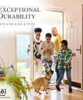 Family entering home with Premium Door Kick Plate With Kwik Plate Mounting No Drill Install For Interior And Exterior Doors 6x34 Oil Rubbed Bronze Made In USA Easy 60 Second Install Protective Door Shield visible on door.