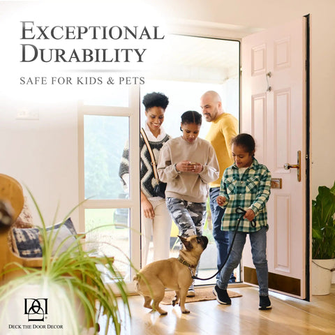 Family entering home with Premium Door Kick Plate With Kwik Plate Mounting No Drill Install For Interior And Exterior Doors 6x34 Oil Rubbed Bronze Made In USA Easy 60 Second Install Protective Door Shield visible on door.