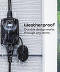 Weatherproof Indoor Outdoor Smart Plug With One Socket Handy Remote Control And Timer Set Lights And Devices From Anywhere Works With Alexa And Google Assistant Requires 2.4 GHz WiFi Black, shown in rain on wall