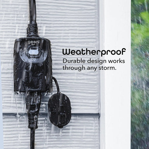Weatherproof Indoor Outdoor Smart Plug With One Socket Handy Remote Control And Timer Set Lights And Devices From Anywhere Works With Alexa And Google Assistant Requires 2.4 GHz WiFi Black, shown in rain on wall