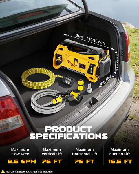 Cordless Water Transfer Pump With 9.6 GPM Flow, Dewalt 20V Battery Compatible, displayed in car trunk with accessories