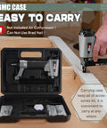 Person using Pro Grade Air Powered 20 Gauge Upholstery Stapler with carrying case and accessories, ideal for DIY projects.