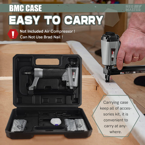 Person using Pro Grade Air Powered 20 Gauge Upholstery Stapler with carrying case and accessories, ideal for DIY projects.