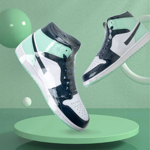 Shoe Shrink Wrap Bags Kit With 50 Pcs Of 18 By 11 Inch Bags And A Mini Heat Gun For Sneaker Storage Keep Dust Off Prevent Yellowing And Protect Your Kicks From Moisture showcased on sneakers to demonstrate dust and moisture protection.