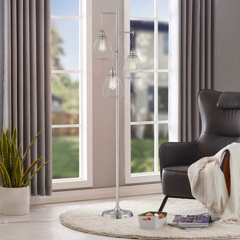 Industrial Rustic Floor Lamp With Three Teardrop Cage Shades Tall Modern Standing Light For Living Room And Home Office